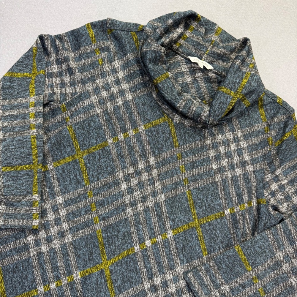 John Mark Womens L Plaid Cowl Neck Tunic Top Gray Blue Yellow Button Back Knit